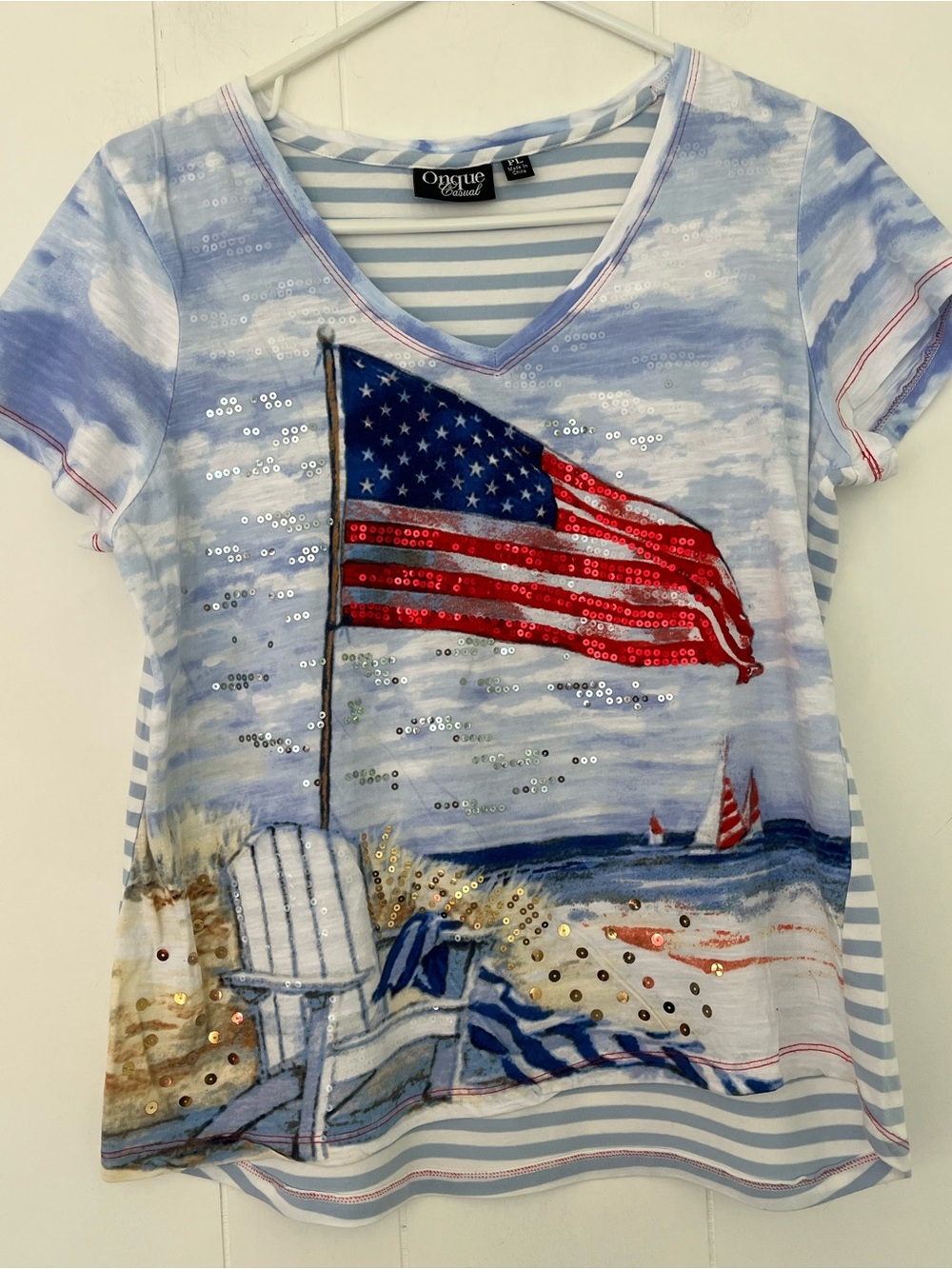 Onque Casual Petite Sequin American Flag Beach Tee Top Shirt Size PLarge - Picture 7 of 12